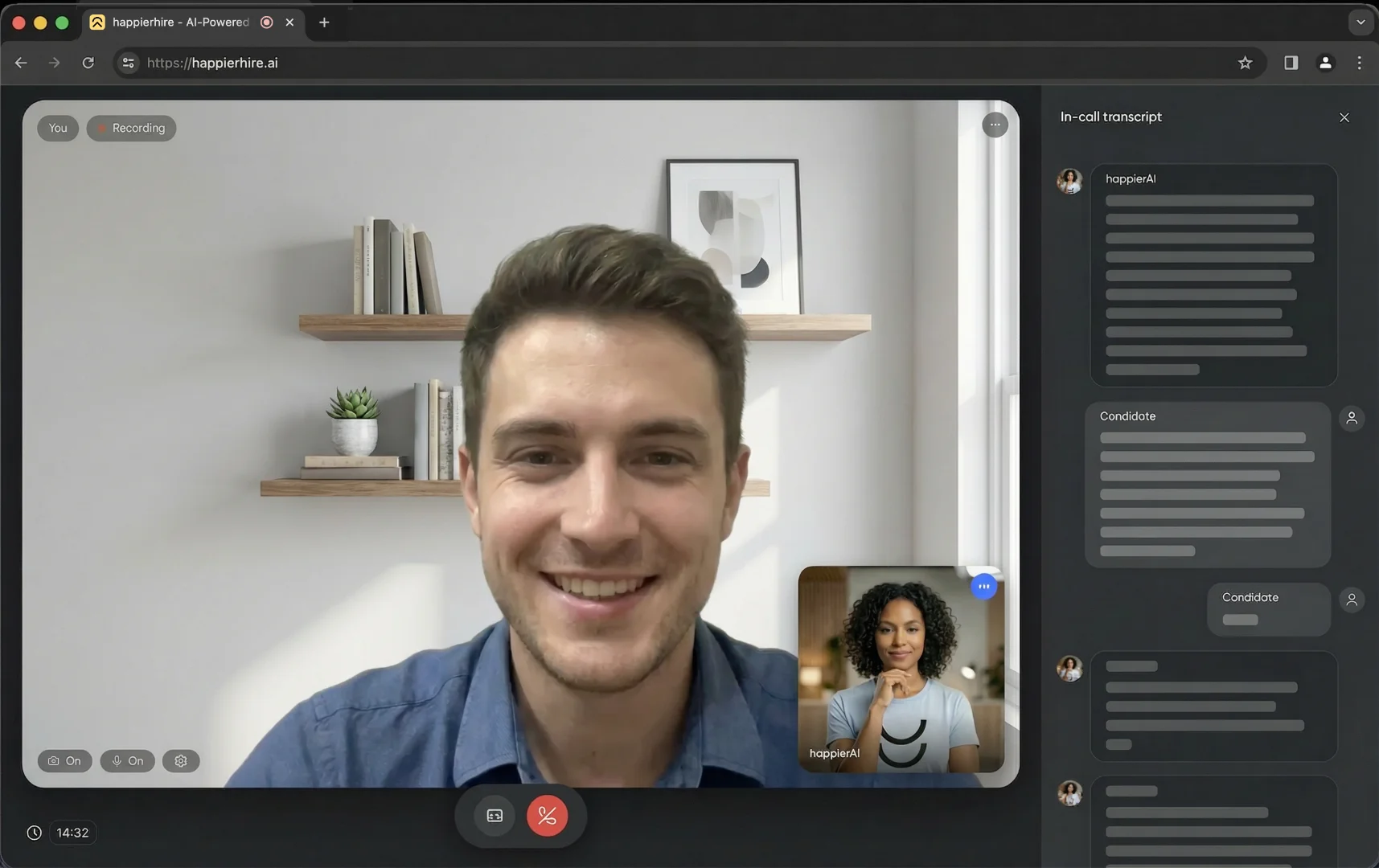 Live AI interview on happierhire — candidate enjoying a conversation with happierAI